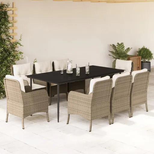 Conjunto de Jantar p/ Jardim com Almofadões Vime PE Bege (9 pcs)