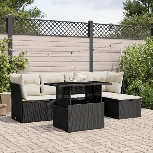 Conjunto Sofás de Jardim c/ Almofadões Vime PE Preto (6 pcs)