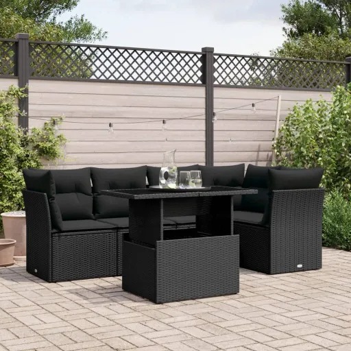 Conjunto Sofás de Jardim c/ Almofadões Vime PE Preto (6 pcs)