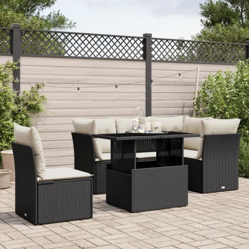 Conjunto Sofás de Jardim c/ Almofadões Vime PE Preto (6 pcs)