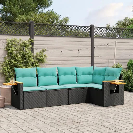 Conjunto de Sofás p/ Jardim c/ Almofadões Vime PE Preto (5 pcs)