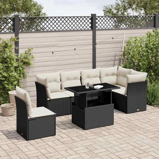 Conjunto de Sofás p/ Jardim c/ Almofadões Vime PE Preto (7 pcs)
