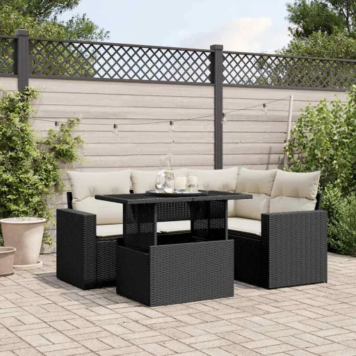 Conjunto Sofás de Jardim com Almofadões Vime PE Preto (5 pcs)