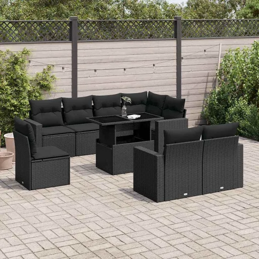 Conjunto de Sofás p/ Jardim c/ Almofadões Vime PE Preto (9 pcs)