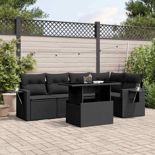 Conjunto Sofás de Jardim c/ Almofadões Vime PE Preto (6 pcs)
