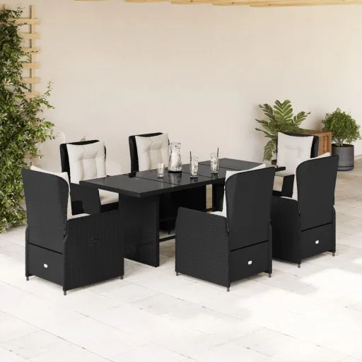 Conjunto de Jantar p/ Jardim c/ Almofadões Vime PE Preto (7 pcs)