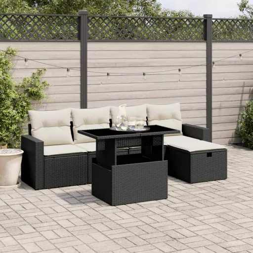 Conjunto Sofás de Jardim c/ Almofadões Vime PE Preto (6 pcs)