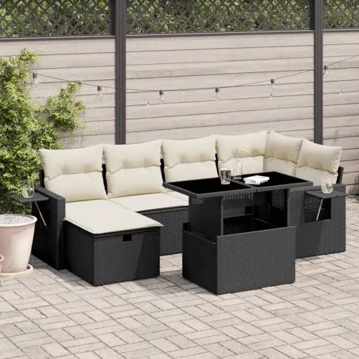 Conjunto de Sofás p/ Jardim c/ Almofadões Vime PE Preto (7 pcs)