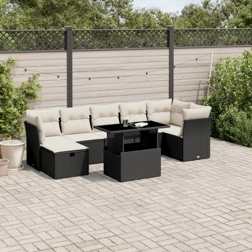 Conjunto Sofás de Jardim com Almofadões Vime PE Preto (8 pcs)