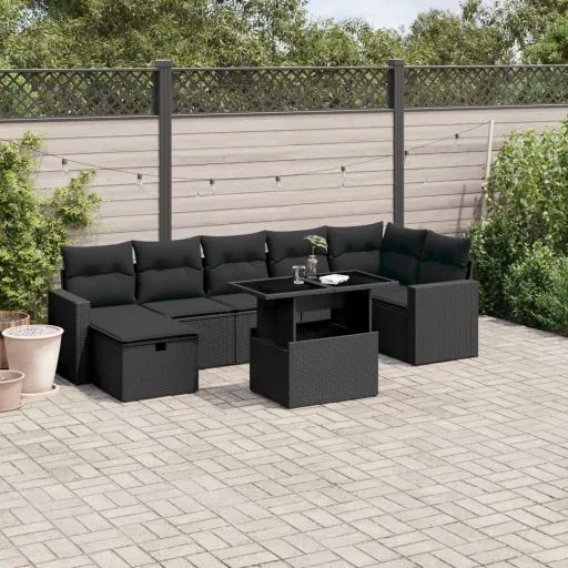Conjunto Sofás de Jardim com Almofadões Vime PE Preto (8 pcs)