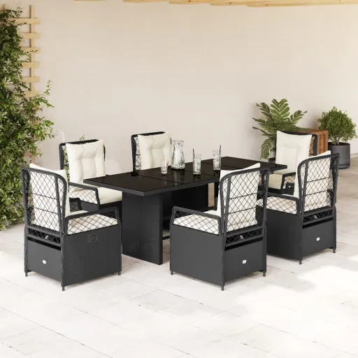 Conjunto de Jantar p/ Jardim c/ Almofadões Vime PE Preto (7 pcs)