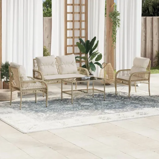 Conjunto de Sofás para Jardim c/ Almofadões Vime PE Bege (4 pcs)