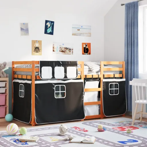 Beliche com Cortinas 80x200 cm Pinho Maciço Branco e Preto