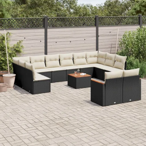 Conjunto de Sofás de Jardim com Almofadões Vime PE Preto (13 pcs)