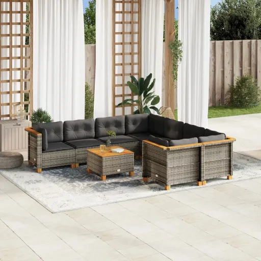 Conjunto Sofás p/ Jardim com Almofadões Vime PE Cinzento (9 pcs)