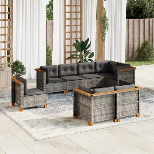 Conjunto Sofás de Jardim c/ Almofadões Vime PE Cinzento (8 pcs)