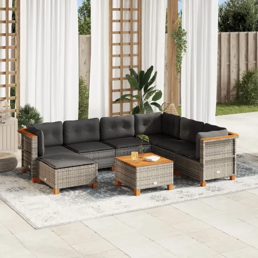 Conjunto Sofás de Jardim c/ Almofadões Vime PE Cinzento (8 pcs)