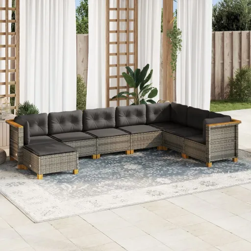 Conjunto Sofás de Jardim c/ Almofadões Vime PE Cinzento (8 pcs)