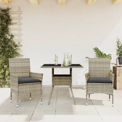 Conjunto Jantar Jardim c/ Almofadões PE/Vidro Cinza Claro (3 pcs)