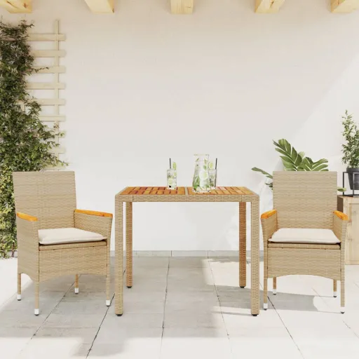 Conjunto Jantar Jardim c/ Almofadões Vime PE/Acácia Bege (3 pcs)