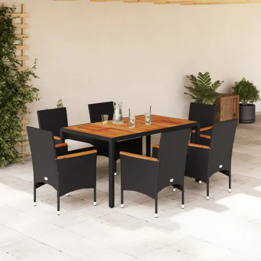 Conjunto Jantar Jardim c/ Almofadões Vime PE/Acácia Preto (7 pcs)