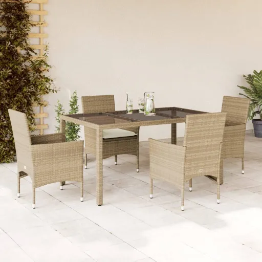 Conjunto Jantar Jardim com Almofadões Vime PE/Vidro Bege (5 pcs)