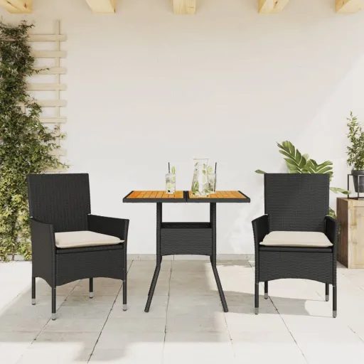 Conjunto Jantar Jardim c/ Almofadões Vime PE/Acácia Preto (3 pcs)