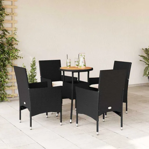 Conjunto Jantar Jardim c/ Almofadões Vime PE/Acácia Preto (5 pcs)
