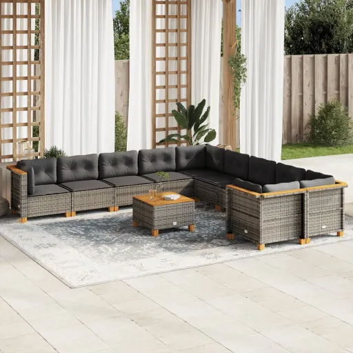 Conjunto Sofás de Jardim c/ Almofadões Vime PE Cinzento (11 pcs)