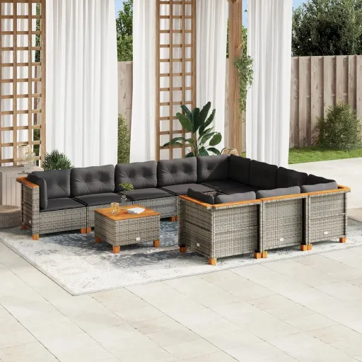 Conjunto Sofás de Jardim c/ Almofadões Vime PE Cinzento (11 pcs)