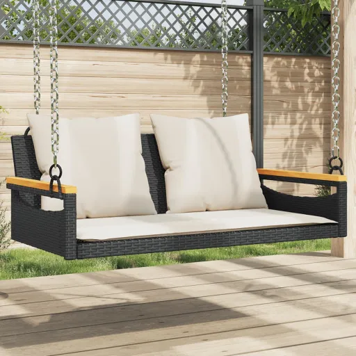 Banco Baloiço com Almofadões 109x62x40 cm Vime PE Preto