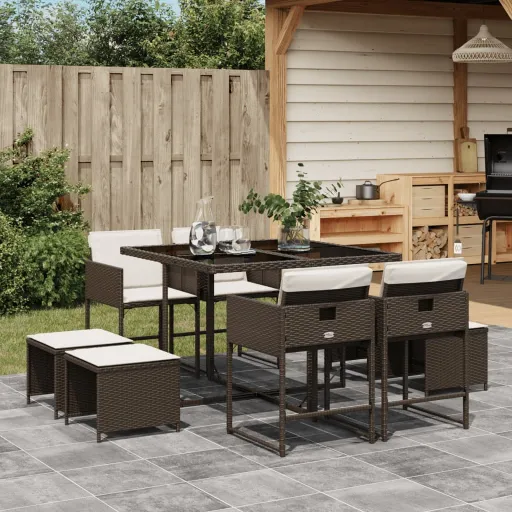 Conjunto Jantar p/ Jardim c/ Almofadões Vime PE Castanho (9 pcs)
