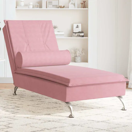 Chaise Lounge de Massagem com Rolo Veludo Rosa