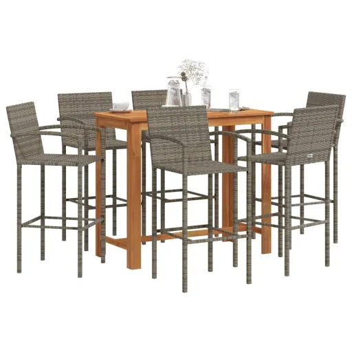 Conjunto de Bar p/ Jardim Acácia Maciça/Vime PE Cinzento (7 pcs)