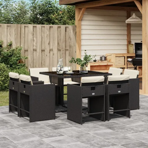 Conjunto de Jantar p/ Jardim c/ Almofadões Vime PE Preto (9 pcs)