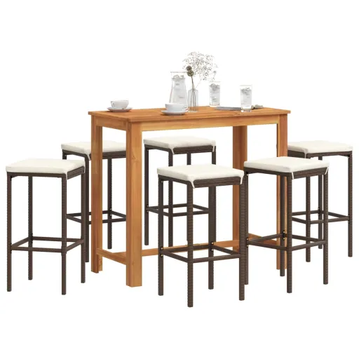 Conjunto de Bar p/ Jardim Acácia Maciça/Vime PE Castanho (7 pcs)