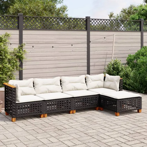 Conjunto Sofás de Jardim com Almofadões Vime PE Preto (5 pcs)