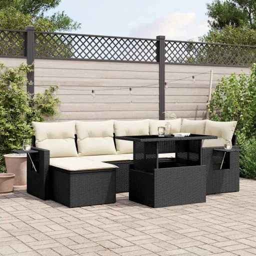 Conjunto de Sofás p/ Jardim c/ Almofadões Vime PE Preto (7 pcs)