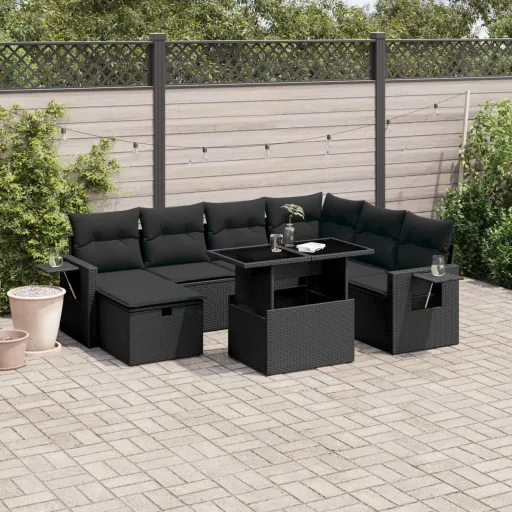 Conjunto Sofás de Jardim com Almofadões Vime PE Preto (8 pcs)