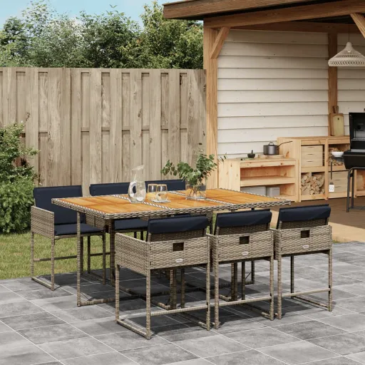 Conjunto de Jantar p/ Jardim c/ Almofadões Vime PE Cinza (7 pcs)