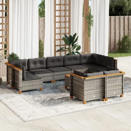 Conjunto Sofás de Jardim c/ Almofadões Vime PE Cinzento (10 pcs)