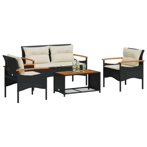 Conjunto de Sofás para Jardim c/ Almofadões Vime PE Preto (4 pcs)