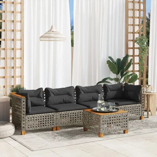 Conjunto Sofás de Jardim c/ Almofadões Vime PE Cinzento (5 pcs)