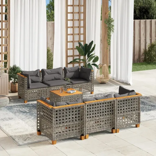 Conjunto Sofás p/ Jardim c/ Almofadões Vime PE Cinzento (7 pcs)