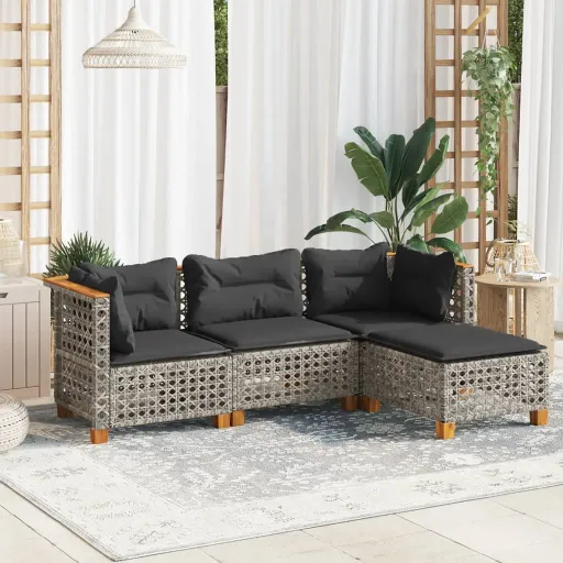 Conjunto Sofás de Jardim c/ Almofadões Vime PE Cinzento (4 pcs)