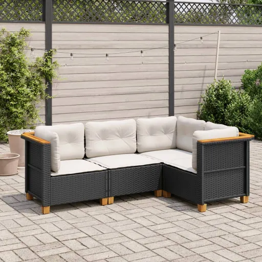 Conjunto de Sofás para Jardim c/ Almofadões Vime PE Preto (4 pcs)