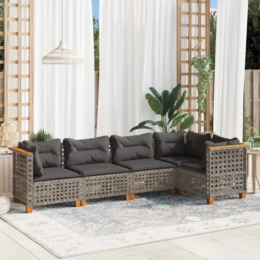 Conjunto Sofás de Jardim c/ Almofadões Vime PE Cinzento (5 pcs)
