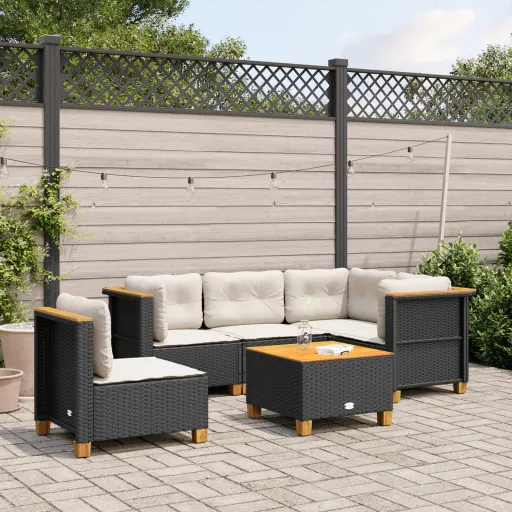 Conjunto Sofás de Jardim c/ Almofadões Vime PE Preto (6 pcs)