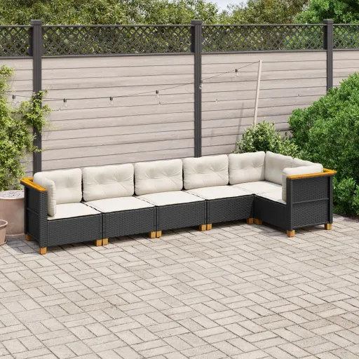 Conjunto Sofás de Jardim c/ Almofadões Vime PE Preto (6 pcs)