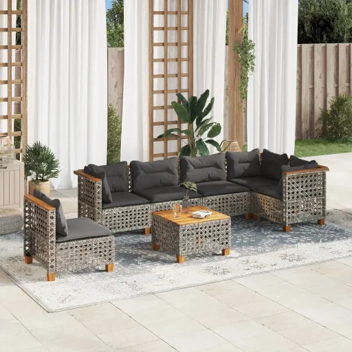 Conjunto Sofás p/ Jardim c/ Almofadões Vime PE Cinzento (7 pcs)